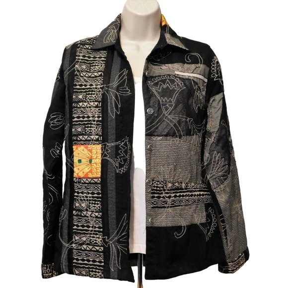 Chico's 0 Jacket S 4 Patchwork Black White Yellow Fabric Patchwork Long Sleeve - Picture 1 of 10